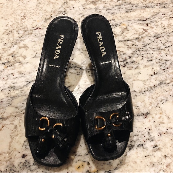 Prada Shoes - PRADA Leather Tassel Heels Slide Sandals 37.5
